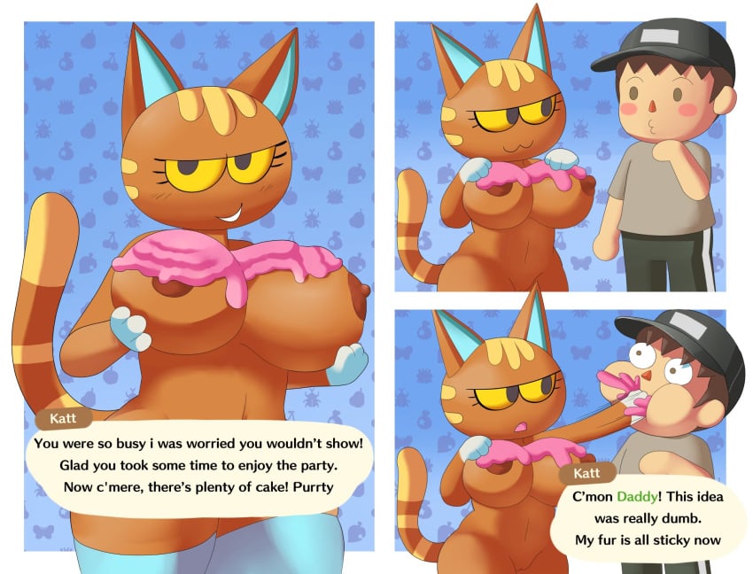 2021 aerth animal_crossing anthro big_breasts blush blush_stickers breasts brown_body brown_hair cake cheek_bulge clothed clothing comic dessert digital_media_(artwork) domestic_cat duo eating english_text fangs felid feline felis female food food_fetish food_on_body food_on_breasts food_play frosting fuf fur genitals hair hand_on_breast hat headgear headwear hi_res human katt_(animal_crossing) legwear male male/female mammal nintendo nipples nude open_mouth pussy smile text thigh_highs video_games villager_(animal_crossing) yellow_eyes