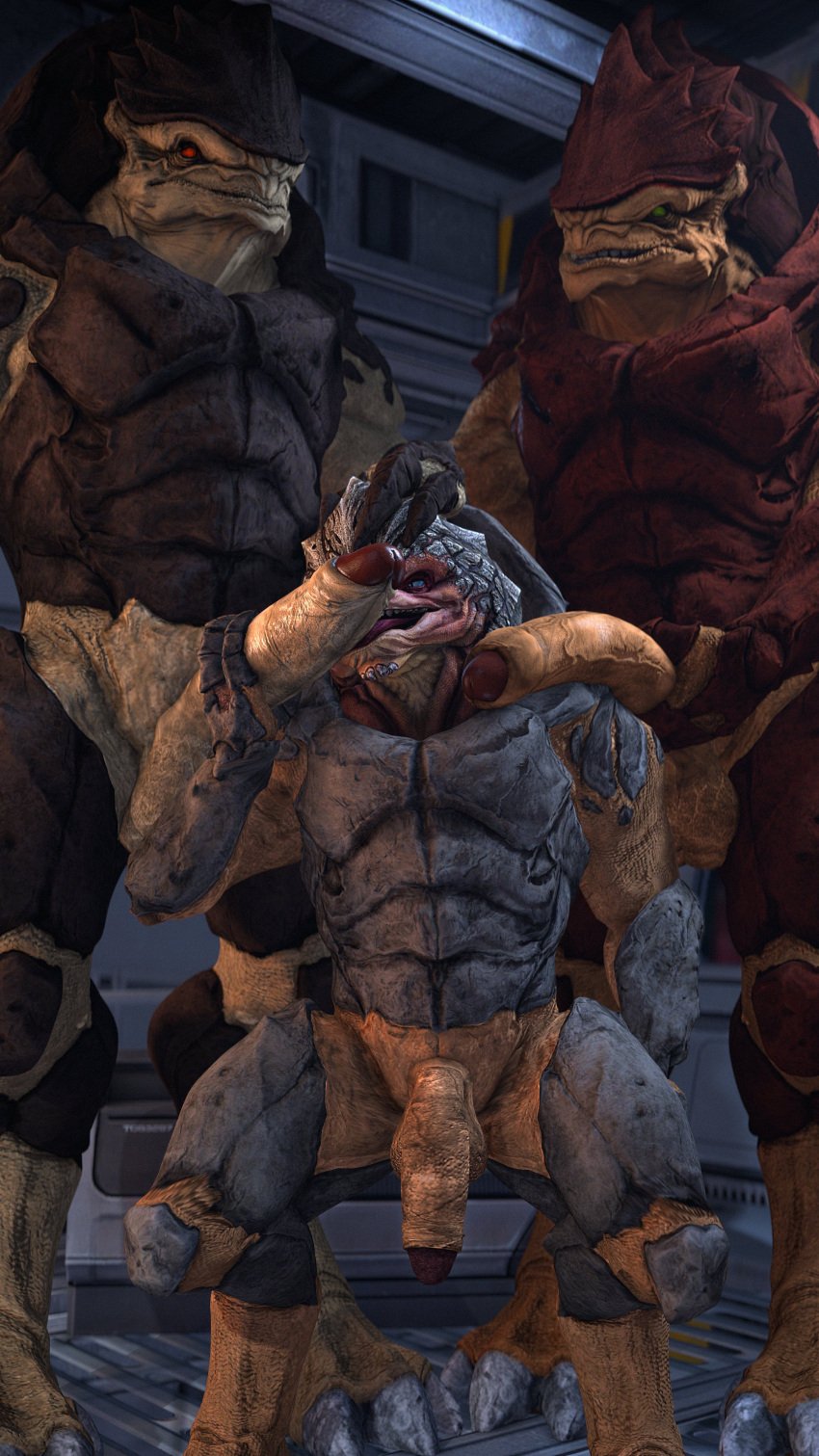 3d 4k 9:16 absurdres alien balls cheap-wazoo crouching erection flaccid foreskin gay genitals group group_sex half-erect hand_on_head highres holding_penis humanoid_genitalia humanoid_penis krogan licking male male_only mass_effect multi_balls multi_genitalia muscular muscular_male nude open_mouth oral partially_retracted_foreskin penis penis_grab penis_lick penis_on_shoulder sex source_filmmaker standing testicles threesome tongue tongue_out urdnot_grunt urdnot_wrex vein veiny_penis yaoi