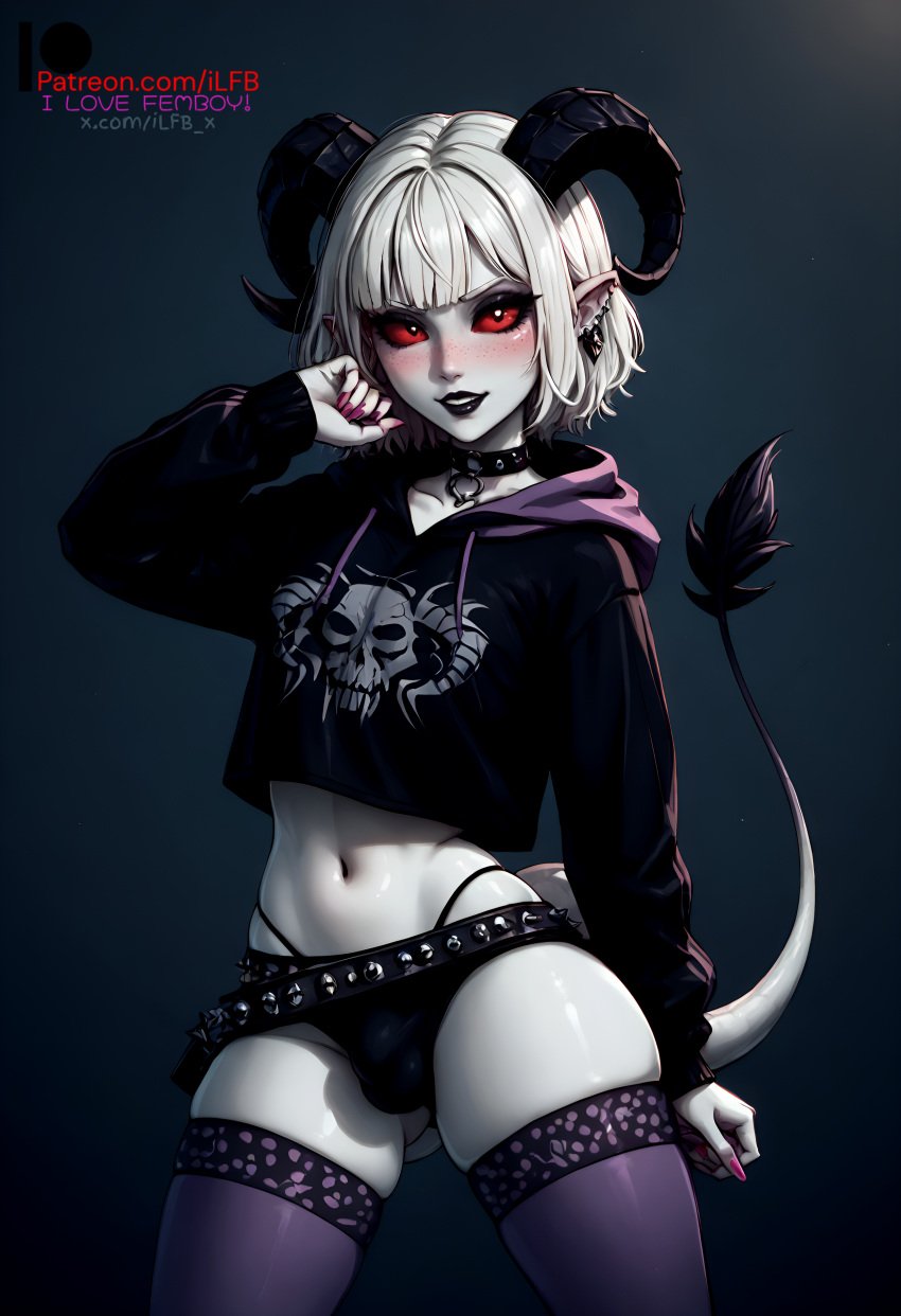 1boy ai_generated bulge bulge_through_clothing choker demon demon_horns ear_piercing earrings femboy flat_chest goth gothic horn horns ilfb looking_at_viewer medium_hair panties pantyhose red_eyes simple_background solo standing tail trap white_body white_hair white_skin