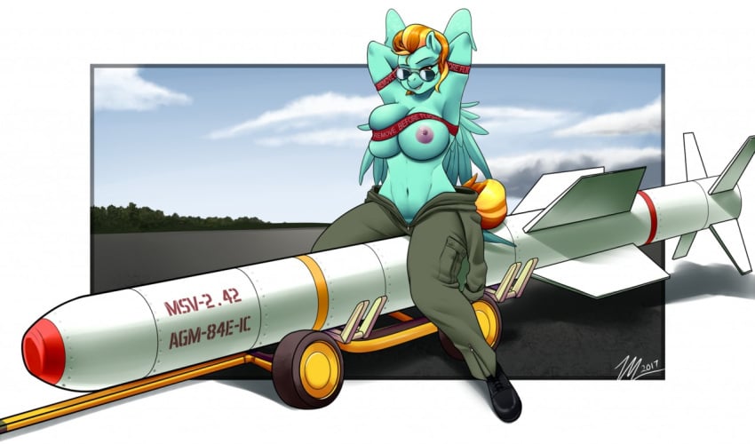 2017 amara_burrger anthro anthrofied areola big_breasts biped bottomwear breasts clothed clothing equid equine eyewear feathered_wings feathers female flight_suit footwear friendship_is_magic hair harpoon_(missile) hasbro lightning_dust_(mlp) looking_at_viewer mammal missile multicolored_hair my_little_pony mythological_creature mythological_equine mythology navel nipples open_mouth open_smile outside pants partially_clothed pegasus shoes signature smile solo straddling sunglasses topless two_tone_hair wings