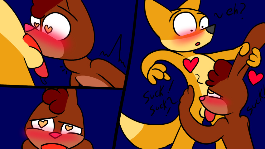 <3_eyes 16:9 anthro balls comic dialogue duo fellatio francis(theyiff) genitals happy happy_sex heart hi_res love male male/male oral orgasm orgasm_face penile sex sucking surprised_expression theyiff until_they_like_it widescreen