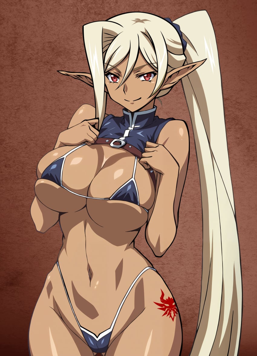 2025 bikini blonde_hair breasts cameltoe cloe_(kuroinu) dark-skinned_female dark_elf dark_skin elf elf_ears elf_female hi_res kuroinu_~kedakaki_seijo_wa_hakudaku_ni_somaru~ long_hair looking_at_viewer medium_breasts pointy_ears ponytail red_eyes smile thigh_tattoo yxyyxy