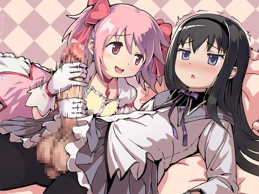 2girls :< akemi_homura assertive_female black_hair black_hairband blush bow bow_choker bubble_skirt buttons center_frills checkered_background chest_jewel choker closed_mouth dress frilled_dress frilled_skirt frilled_sleeves frills futa_with_female futanari gloved_handjob gloves hair_between_eyes hair_flip hairband hairbow hand_up handjob happy kaname_madoka light_blush long_hair long_sleeves looking_at_another magical_girl mahou_shoujo_madoka_magica mahou_shoujo_madoka_magica_(anime) medium_hair miniskirt multiple_girls on_bed pantyhose pink_dress pink_gemstone pink_hair puffy_short_sleeves puffy_sleeves purple_bow purple_eyes purple_skirt red_bow red_choker red_eyes shirt short_dress short_sleeves short_twintails skirt smile tokiatm trembling twintails white_gloves white_skirt white_sleeves