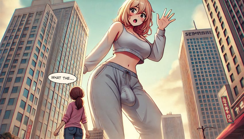 ai_generated balls blonde_hair blush bulge bulge_through_clothing bulge_under_clothes city crop_top flaccid flaccid_penis futanari giantess light-skinned_female light-skinned_futanari light_skin long_hair penis size_difference spalela sweatpants text waving