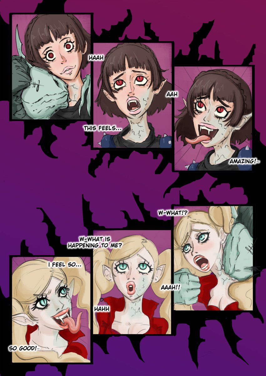 ann_takamaki ass atlus biting blonde_hair brown_hair comic comic_page corruption enemy_conversion furcifur grey_skin hypnosis makoto_niijima mind_control monster persona persona_5 phantom_thief_suit spiral_eyes transformation vampire wings