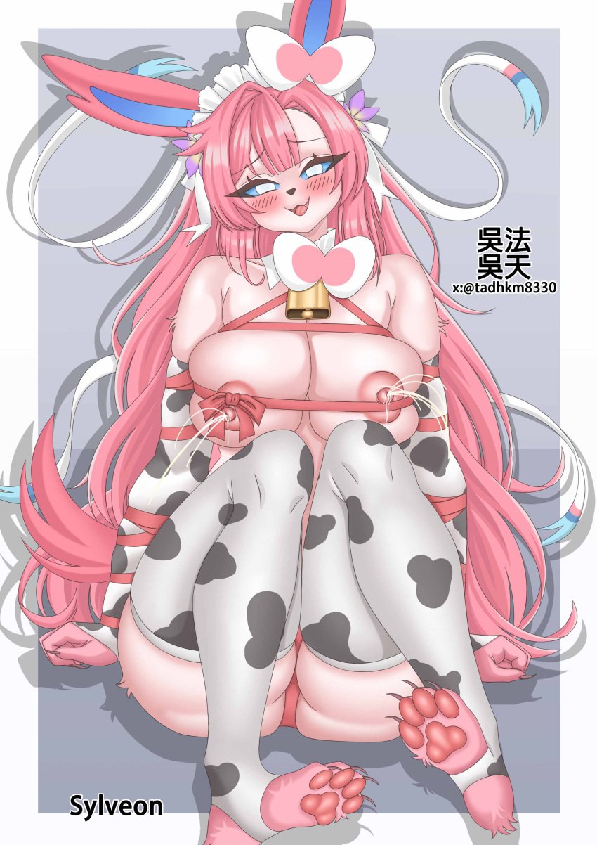 absurd_res anthro areola big_breasts blush bodily_fluids breasts eeveelution female fur generation_6_pokemon hair hi_res lactating looking_at_viewer mammal milk nintendo nipples pokemon pokemon_(species) simple_background smile solo sylveon tadhkm8330