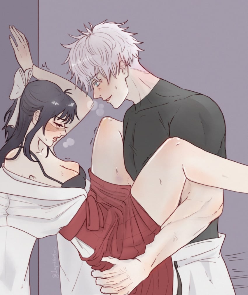 1boy 1boy1girl 1girls after_sex against_wall bite_mark black_hair blush bra breasts clothed clothed_sex clothing curvy curvy_female dress dress_lift exposed_breasts facial_scar female implied_penetration implied_sex improbablegirl jujutsu_kaisen long_hair male moaning muscular muscular_male open_dress open_kimono satoru_gojo scar sex short_hair skirt_lift spread_legs stand_and_carry_position standing standing_sex sweat utahime_iori white_hair