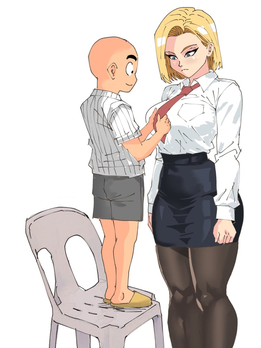 1boy 1girls android_18 bald blonde_hair captain_tai chair dragon_ball dragon_ball_z kuririn safe safe_for_work short_hair simple_background size_difference smiling thick_thighs white_background