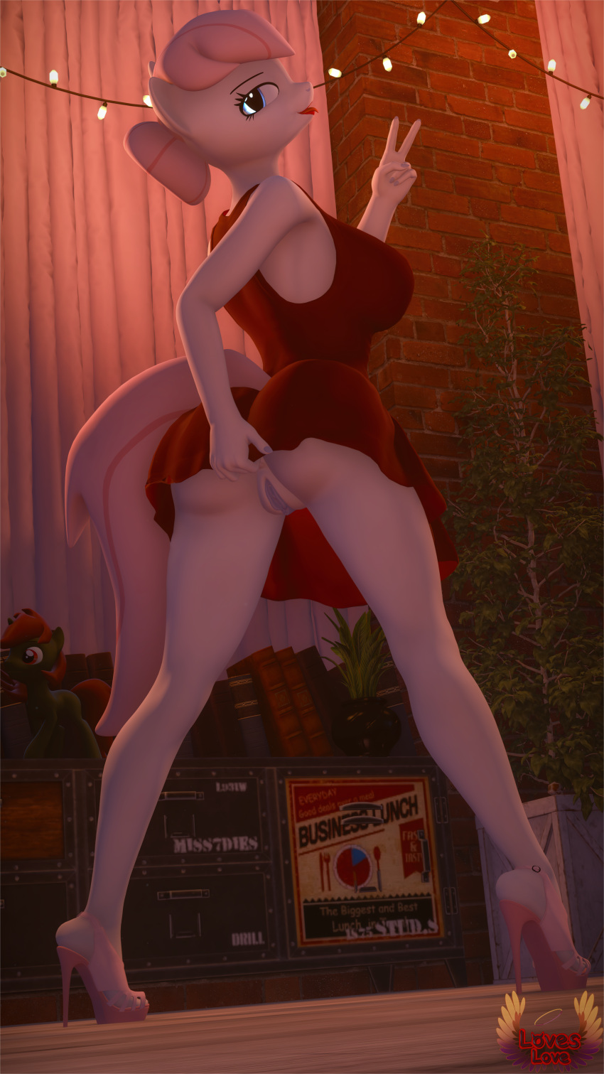 3d 9:16 absurdres anthro anthrofied ass breasts dress equid equine female friendship_is_magic furry genitals gesture hasbro high_heels highres huge_filesize loveslove mammal my_little_pony no_underwear nurse_redheart pink_hair pussy solo v