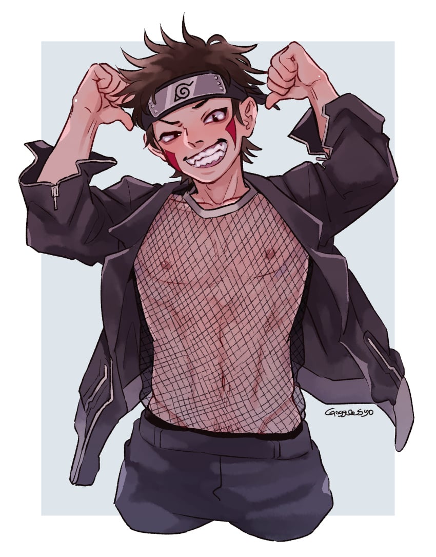 1boy abs absurd_res absurdres bimbo black_eyes blush brown_hair brown_nipples erect_nipples facepaint fangs fishnet fishnet_shirt fishnets forehead_protector gogglesyopeng grin grinning grinning_at_viewer headband hi_res high_resolution highres himbo inuzuka_kiba jacket kiba_inuzuka konohagakure_symbol leather_jacket looking_at_viewer male male_focus male_only messy_hair naruto naruto_(series) naruto_shippuden nipples nose_blush pinup pubes pubic_hair shounen_jump shueisha skimpy skimpy_clothes smile smiling smiling_at_viewer solo solo_focus solo_male teeth teeth_clenched teeth_showing teeth_visible twink very_high_resolution weekly_shonen_jump weekly_shounen_jump