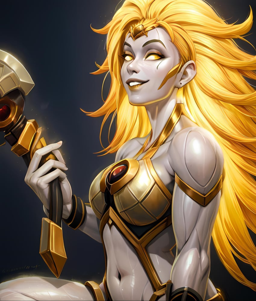 ai_generated belly_button biting_lip biting_own_lip clothed dawnbreaker dota_2 golden_eyes golden_hair grinning_at_viewer