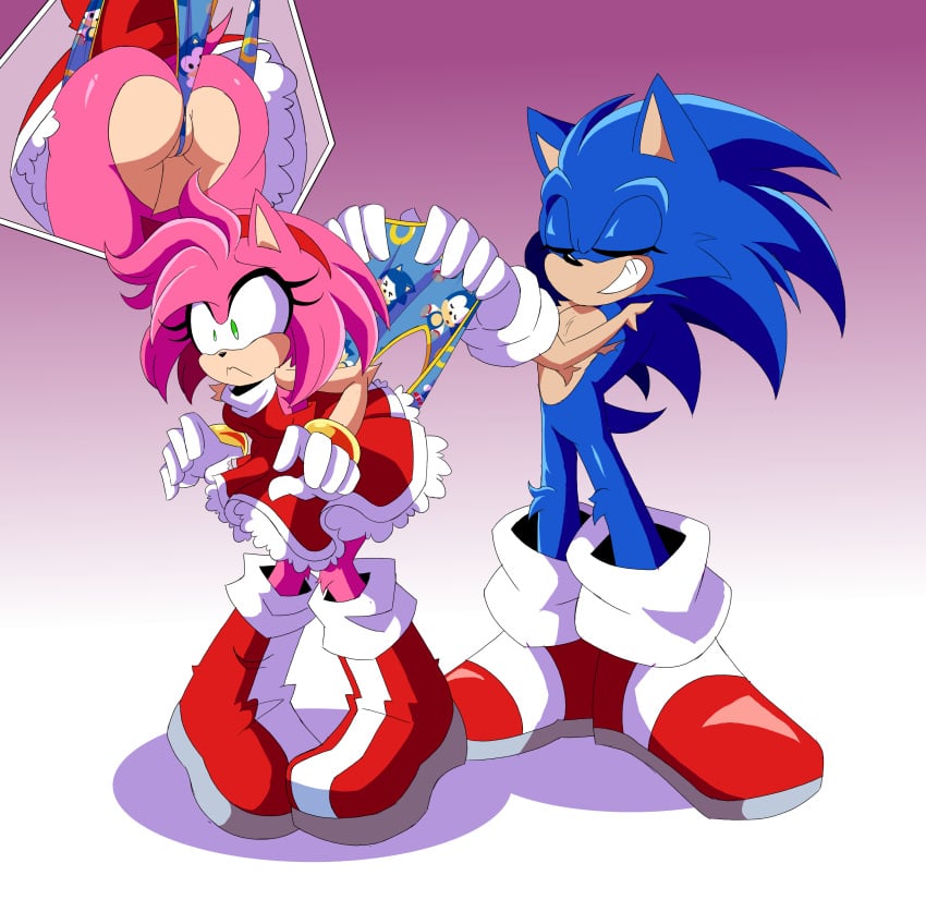 absurd_res amy_rose anthro bullying butt_view closed_eyes clothing duo eulipotyphlan female grin hedgehog hi_res imsomethingradical male male/female mammal panties print_clothing print_underwear ruffled_skirt sega smile sonic_(series) sonic_the_hedgehog sonic_the_hedgehog_(series) surprise surprised_expression underwear wedgie