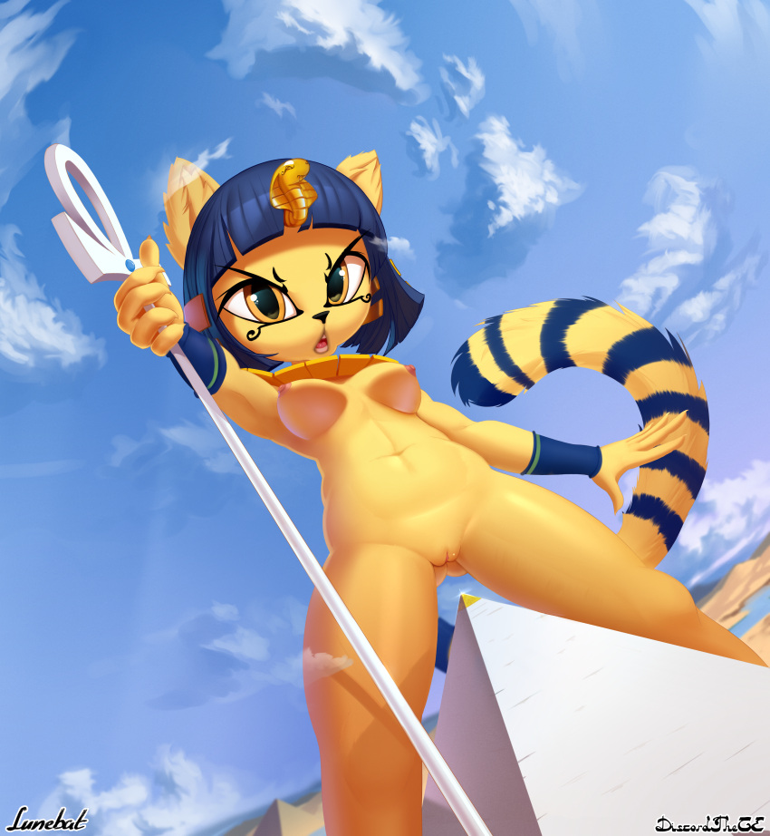 1girls 2020 5_fingers absurd_res animal_crossing ankh ankha ankha_(animal_crossing) anthro areola black_nose breasts cat cloud collaboration digital_media_(artwork) discordthege domestic_cat eyebrows felid feline felis female fingers front_view fur furry furry_only genitals hi_res holding_object looking_at_viewer lunebat macro mammal naked navel nintendo nipples nude open_mouth outside pussy pyramid solo tail video_games wide_stance