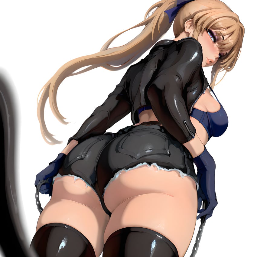 ai_generated ass ass_focus back_view blonde_hair blue_eyes blush bra chain_leash chained chains coat dominant_female femdom gloves latex_gloves looking_at_viewer looking_back mayyreel open_zipper petplay pov ribbon small_breasts stockings thick_ass thick_thighs tower_of_trample viewer_on_leash