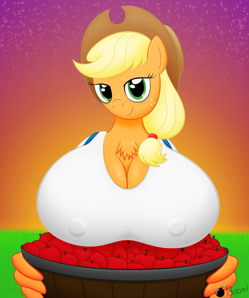 absurd_res anthro anthrofied apple applejack_(mlp) basket big_breasts blonde_hair breasts cleavage clothed clothing container cowboy_hat earth_pony equid equine female field food friendship_is_magic fruit green_eyes hair hasbro hat headgear headwear hi_res horse mammal my_little_pony nipples overalls plant pony ponyboom smile solo sunset