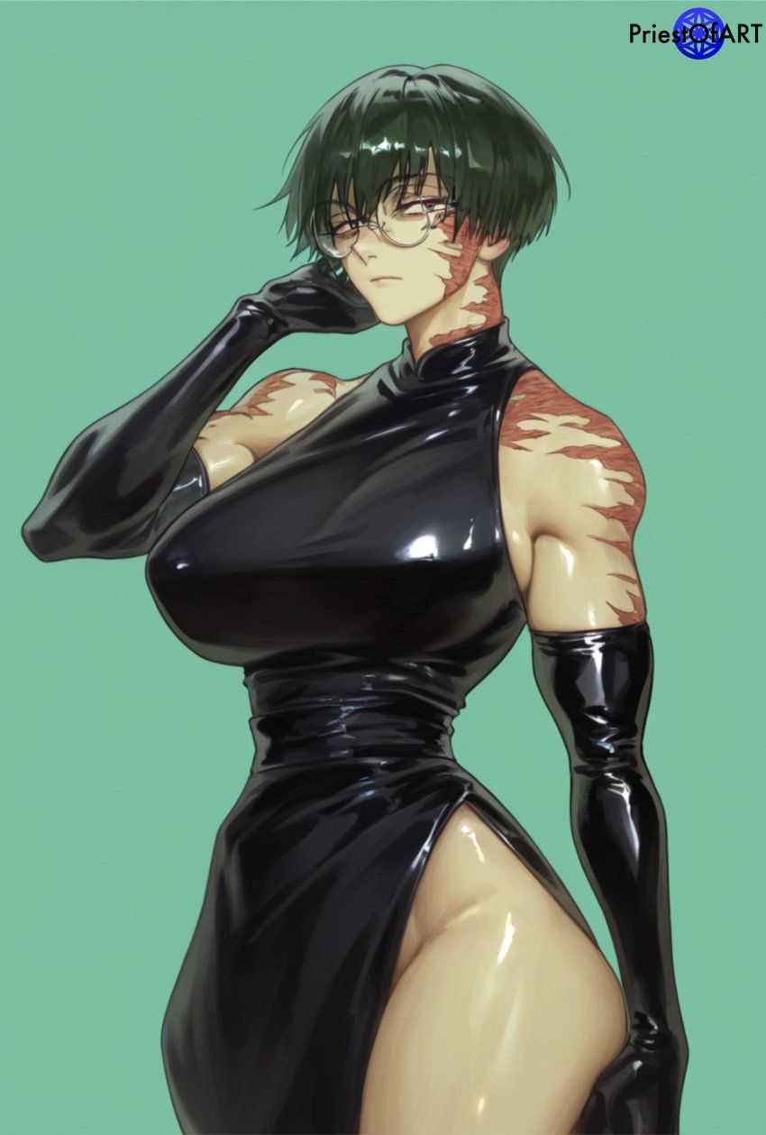 1girls ai_generated big_breasts black_dress burn_scar color dress elbow_gloves female female_focus female_only fit_female glasses green_hair jujutsu_kaisen large_breasts muscular muscular_male priestofart scar short_hair simple_background solo solo_female solo_focus tagme tagme_(artist) tagme_(character) watermark zenin_maki