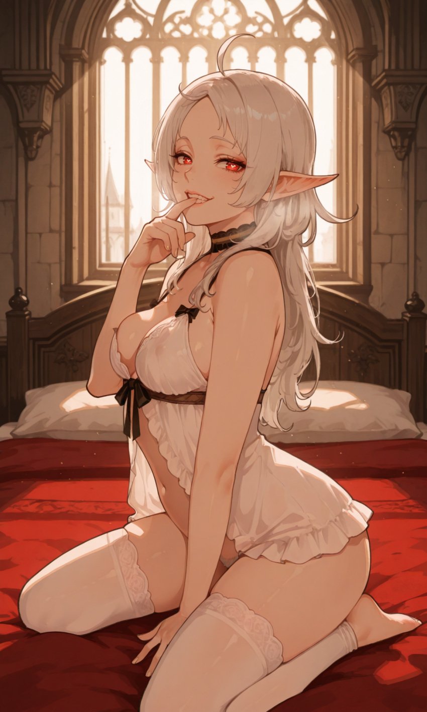 ai_generated bed bedroom biting_finger elf elf_ears fyssok heart-shaped_pupils kneeling looking_at_viewer medium_breasts mushoku_tensei nightgown perky_breasts pink_nipples pointy_ears red_eyes sitting solo solo_focus stable_diffusion sylphiette_(mushoku_tensei) thighhighs wariza white_hair