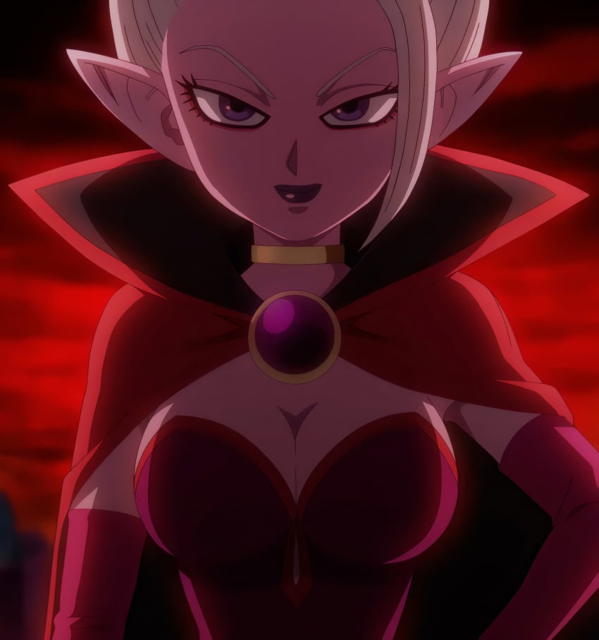 anime_screenshot breasts cleavage dr._arinsu dragon_ball dragon_ball_daima female highres large_breasts lipstick makeup purple_eyes solo stitched tagme third-party_edit white_hair