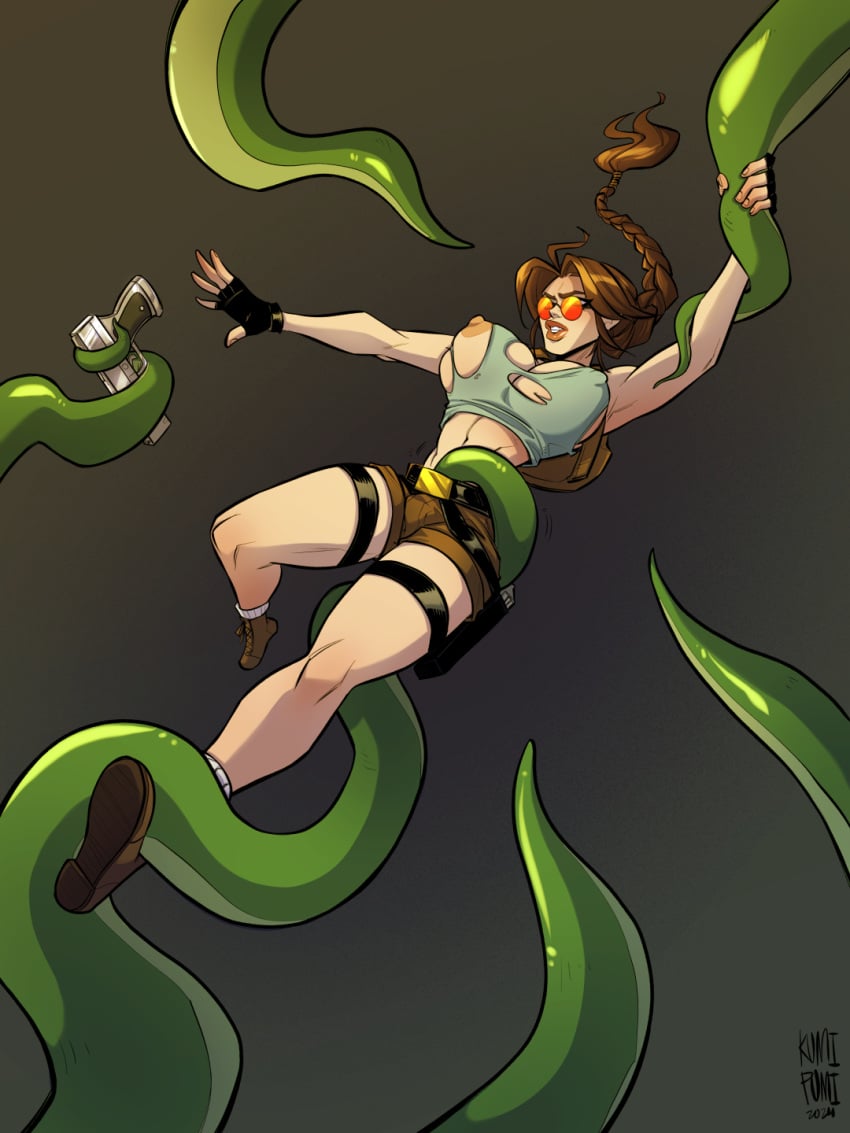 1girls areolae big_breasts braid breasts brown_hair female female_only hi_res kumi-pumi lara_croft lara_croft_(classic) long_hair nipples round_glasses solo sunglasses tentacle tentacle tentacle_under_clothes tentacles_on_female thick_thighs thigh_strap tomb_raider torn_clothes