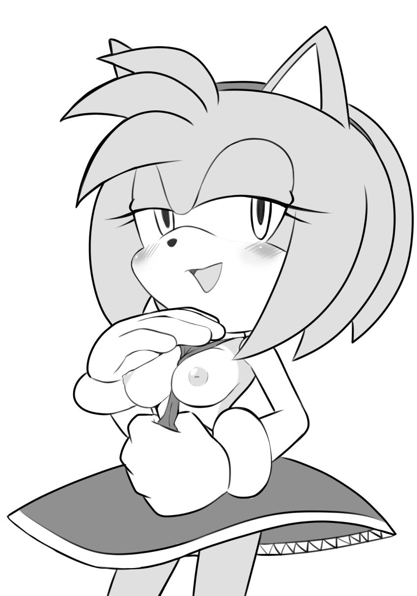 1girls amy_rose breasts clothes_between_breasts clothing fixink headband hedgehog inverted_nipples monochrome presenting_breasts sketch sonic_(series)