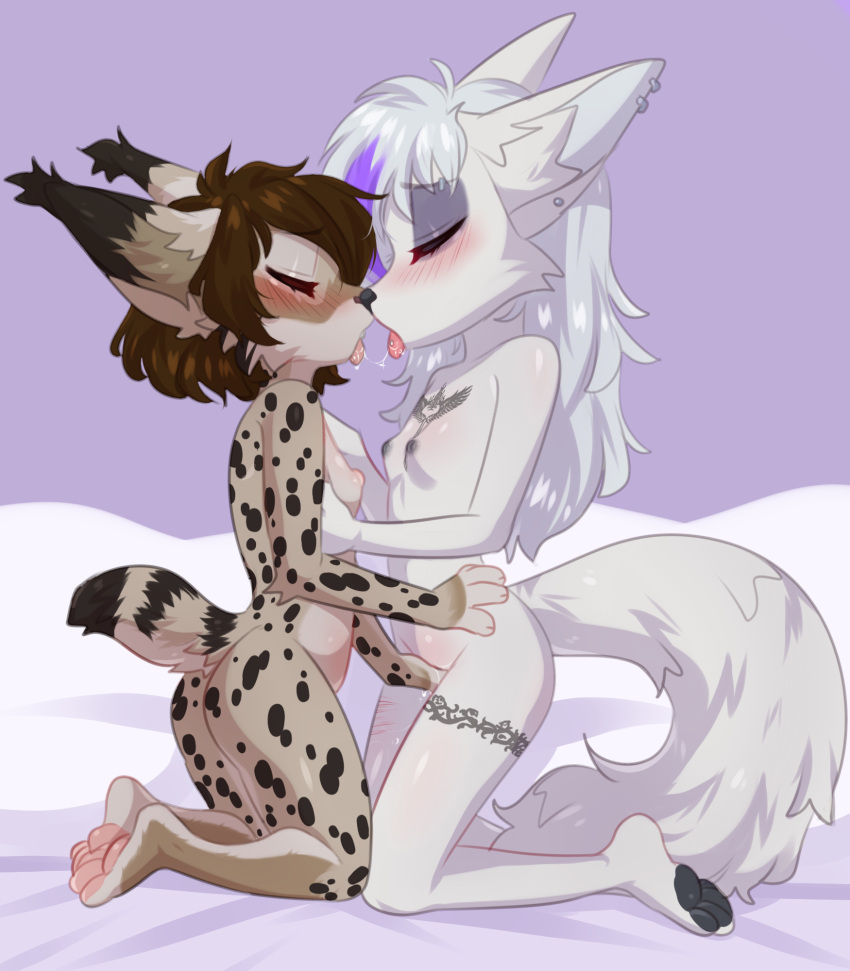 anthro arctic_fox ass bed big_butt black_pawpads blush bodily_fluids bpinp breasts brown_hair canid canine claralaine closed_eyes duo ember_(nightdancer) felid feline female female/female fingering fox french_kissing fur furniture grey_body grey_fur hair hi_res kissing kneeling long_hair long_tail lynx makeup mammal mascara multicolored_hair nipples nude pawpads paws piercing purple_hair saliva saliva_string scar sex short_hair short_tail slim small_breasts tattoo teenager tongue tongue_piercing two_tone_hair white_body white_fur white_hair young zaire_(nightdancer)