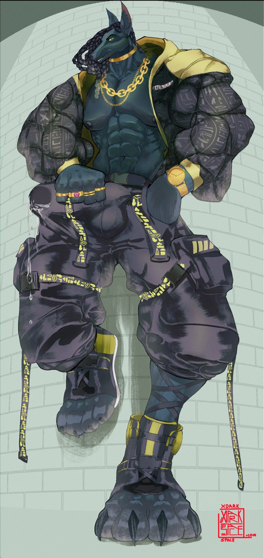 abs anthro anubis athletic athletic_anthro athletic_male big_bulge bodily_fluids bottomwear bulge canid canine canis chains clock clothed clothing collar cyberpunk deity digital_media_(artwork) dreadlocks egyptian egyptian_mythology footwear genital_fluids gold_(metal) green_eyes hair hand_in_pocket hi_res jackal jacket jewelry leaking_precum leaking_through_clothing leaning leaning_backward leaning_on_wall looking_at_viewer low-angle_view male mammal middle_eastern_mythology muscular muscular_anthro muscular_male mythology nipples pants pecs pockets precum puffy_jacket ring shoes simple_background solo standing streetwear techwear teeth_showing topwear watch worm&#039;s-eye_view xdarkspace