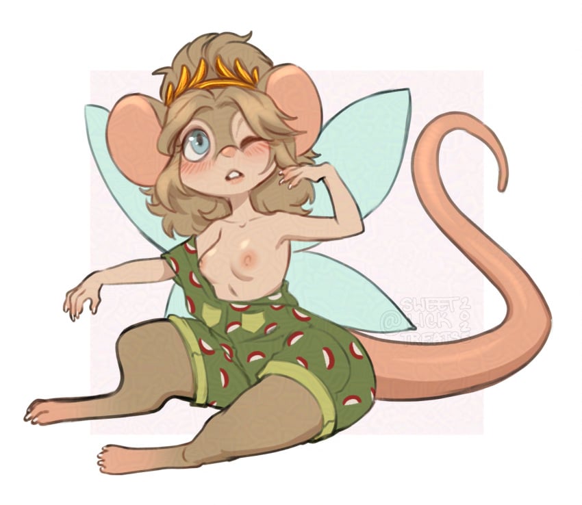 animal_transformation anthro anthropomorphic apple_print blonde_hair blue_eyes exposed_breasts faerie fairy fairy_wings magic minigirl mouse_ears mouse_girl mouse_tail rodent rodent_humanoid romper tail tasoula transformation