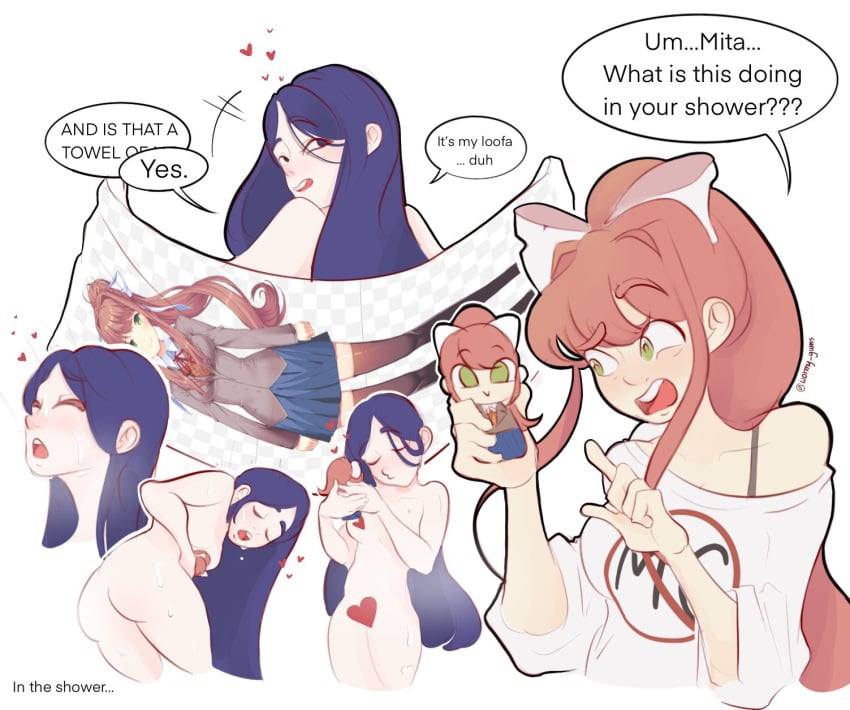 blue_hair butt doki_doki_literature_club english_text heart hearts lesbian long_hair miside mita_(miside) mitika_(ship) monika_(doki_doki_literature_club) speech_bubble text text_bubble towel twitter_username wormy_gums yuri