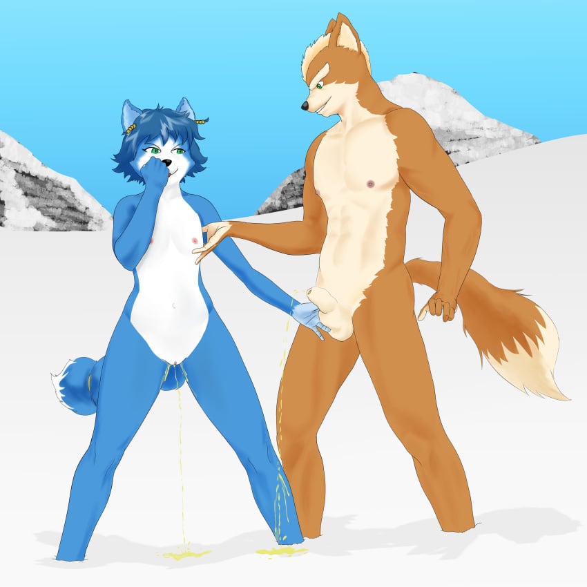 1:1 absurd_res anthro artnoke ball_rub balls blue_body blue_fur blue_sky bodily_fluids canid canine canon_couple colored duo eye_contact female flat_chested foreskin fox fox_mccloud fur genital_fluids genitals giggle green_eyes half-erect hi_res humanoid_genitalia humanoid_penis krystal looking_at_another male male/female mammal mountain nintendo nipple_fetish nipple_play nipples nude orange_body orange_fur peeing peeing_together penis pussy sky small_penis smile snow standing star_fox urine urine_stream video_games watersports