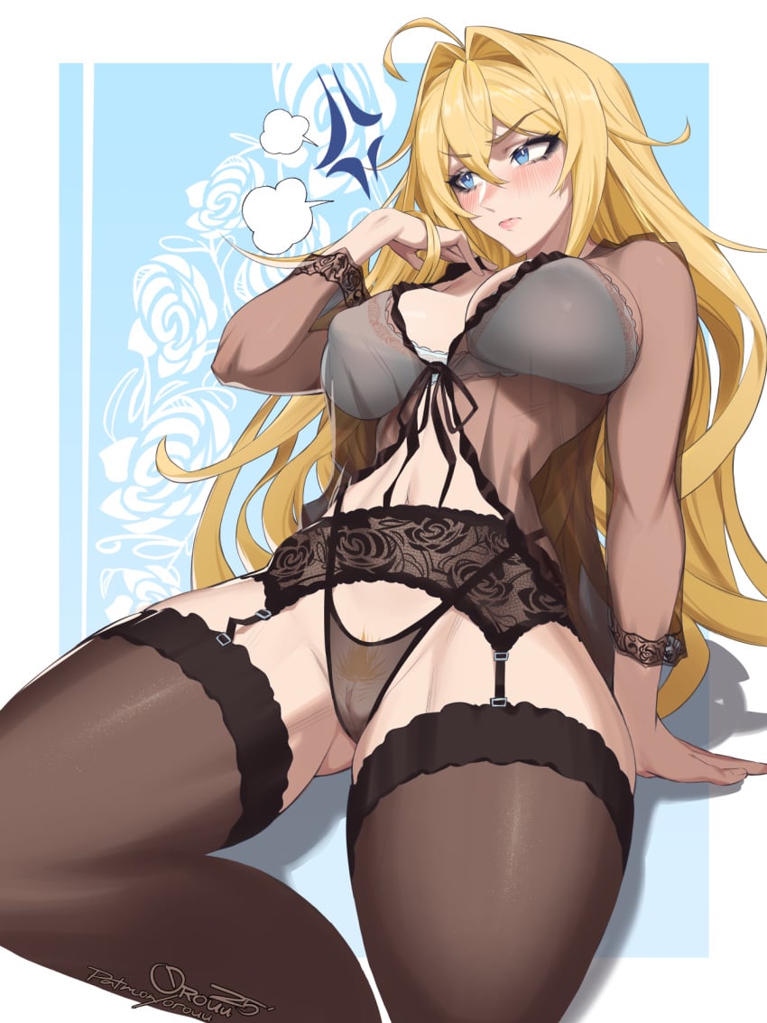 ahoge anger_vein babydoll black_panties black_thighhighs blonde_hair blue_eyes blush bra breasts female female_pubic_hair garter_belt garter_straps hair_between_eyes highres long_hair orouu panties pubic_hair pussy see-through_clothes see-through_panties sekirei sitting solo thighhighs tsukiumi underwear white_bra