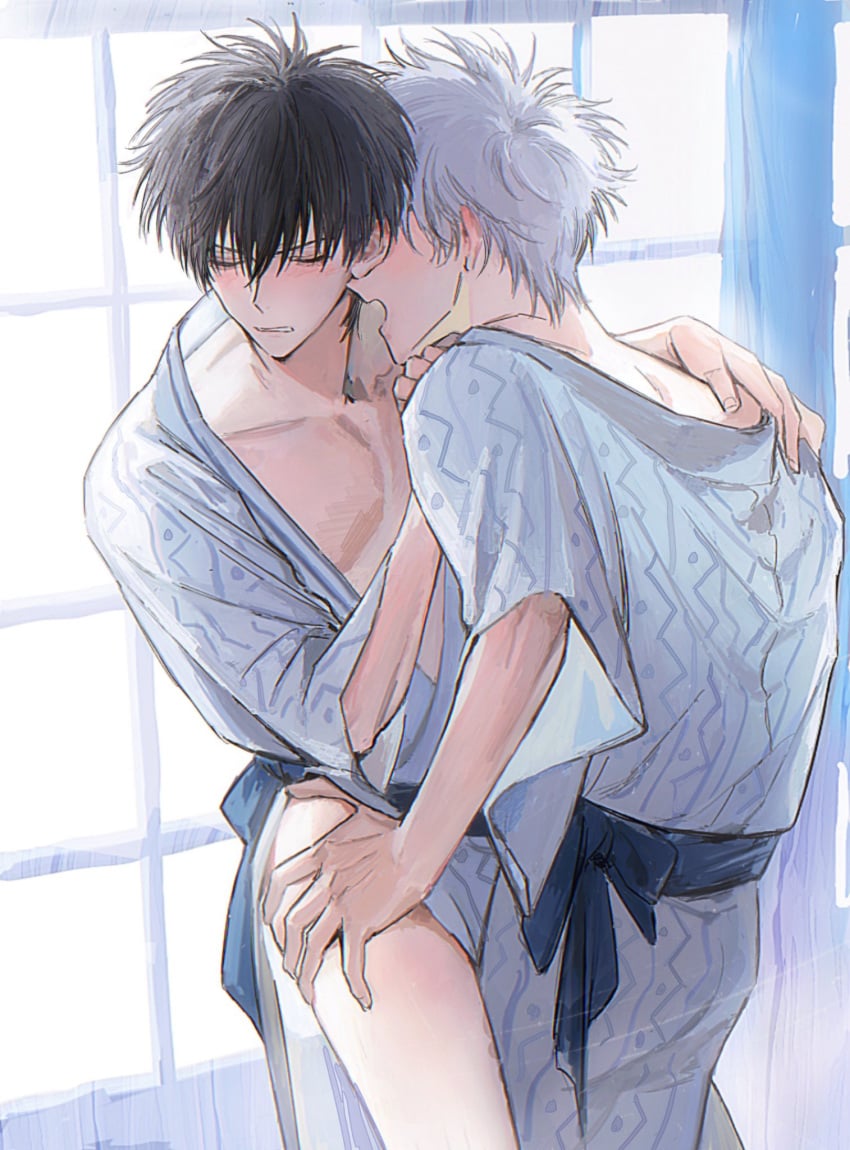 2boys against_wall black_hair blush closed_eyes gay gintama gintoki_sakata hijikata_toshiro hip_grab implied_anal implied_sex japanese_clothes kimono leg_grab lllyuda male male_only no_visible_genitalia open_mouth shouji thigh_grab white_hair yaoi