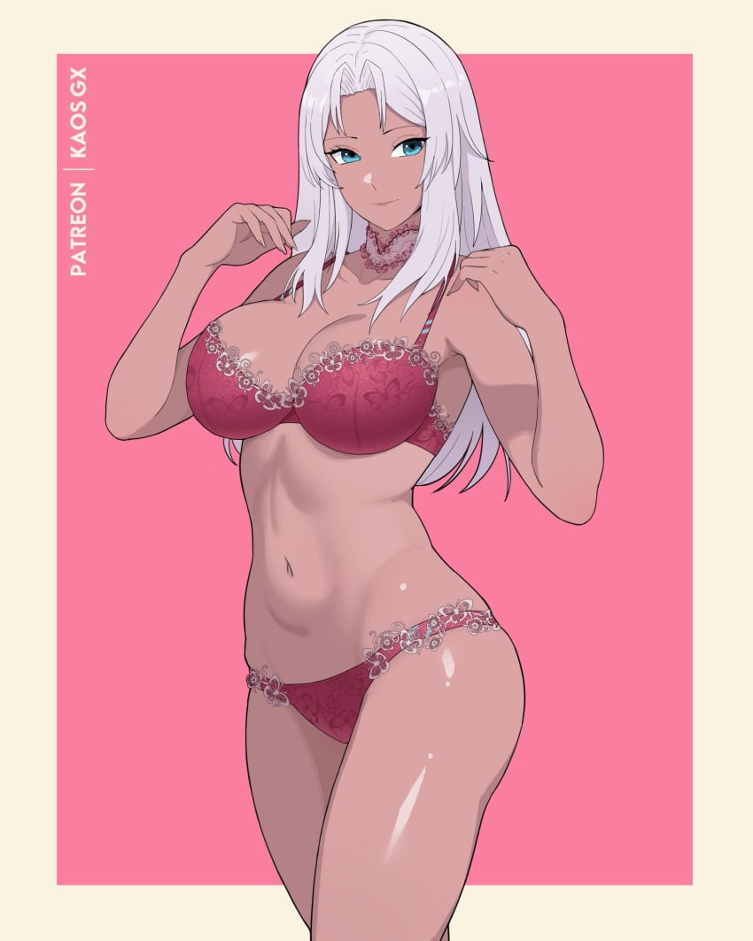 1girls artist_name belly_button big_breasts blue_eyes border bra breasts choker closed_mouth cowboy_shot dark-skinned_female dark_skin elma_(xenoblade_x) female female_focus female_only grey_hair hands_up highres kaos_art long_hair looking_at_viewer navel only_female panties pink_background shiny shiny_breasts shiny_legs shiny_skin smile solo underwear white_hair xenoblade_(series) xenoblade_chronicles_x