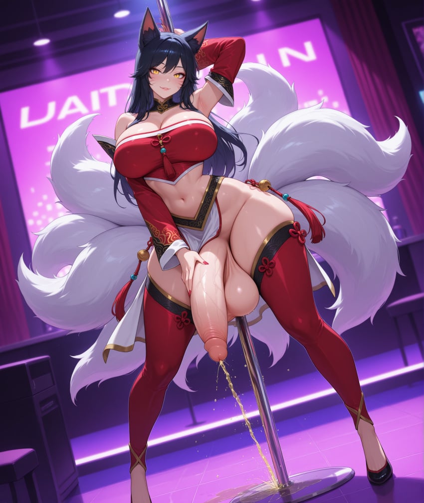 ahri ai_generated big_breasts breasts fox_tail futanari intersex league_of_legends nixfluce peeing strip_club yellow_eyes