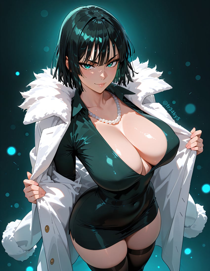 ai_generated cleavage coat_on_shoulders dress fr34ky fubuki_(one-punch_man) huge_breasts mature_female thighhighs