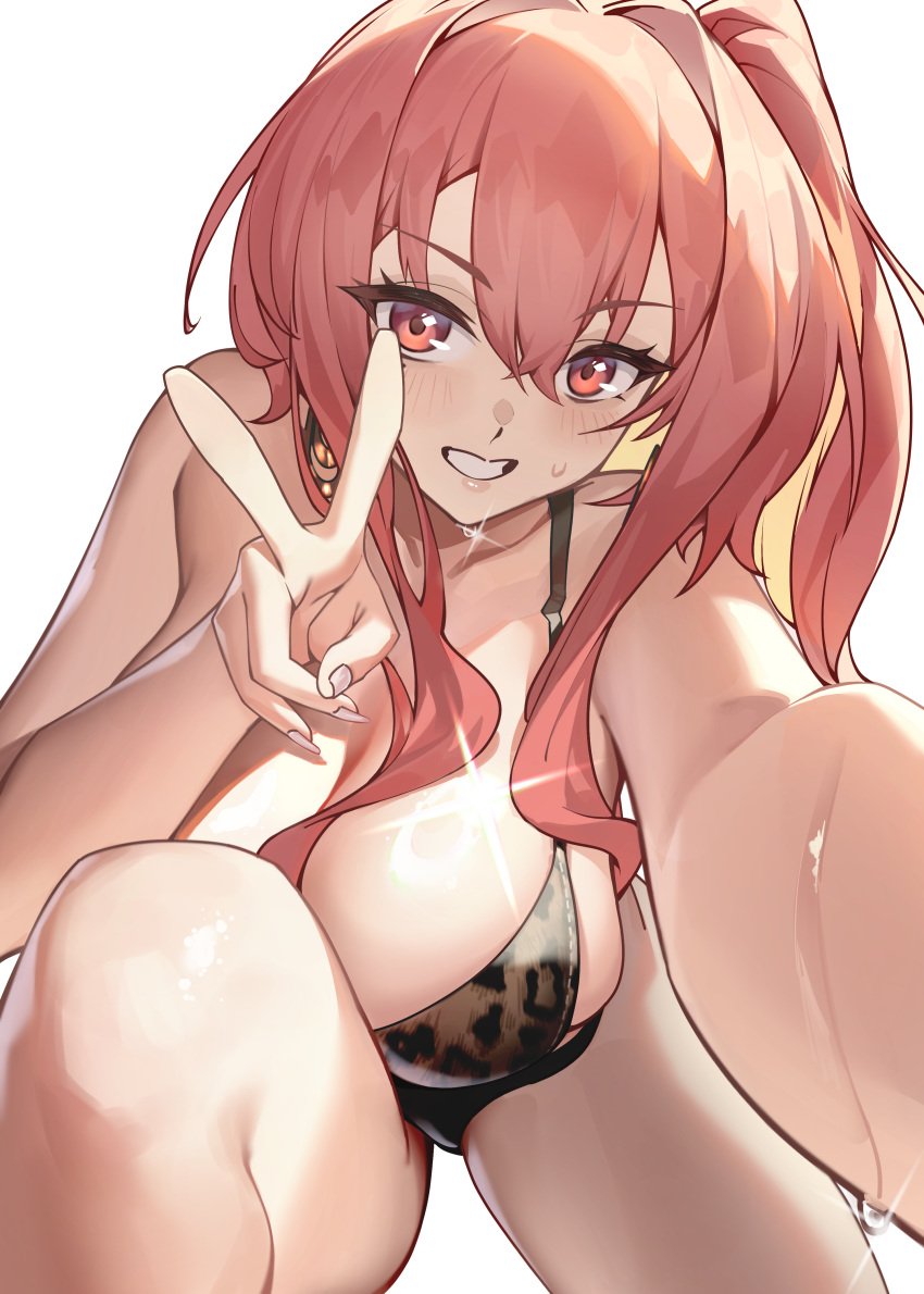 absurdres animal_print artist_request azur_lane black_panties breasts bremerton_(azur_lane) bremerton_(pillowed_counseling)_(azur_lane) collarbone female grin hair_intakes halterneck highres jiangshuai_mengenze large_breasts leopard_print long_hair looking_at_viewer official_alternate_costume panties pink_eyes pink_hair pov side_ponytail simple_background smile solo underwear v white_background