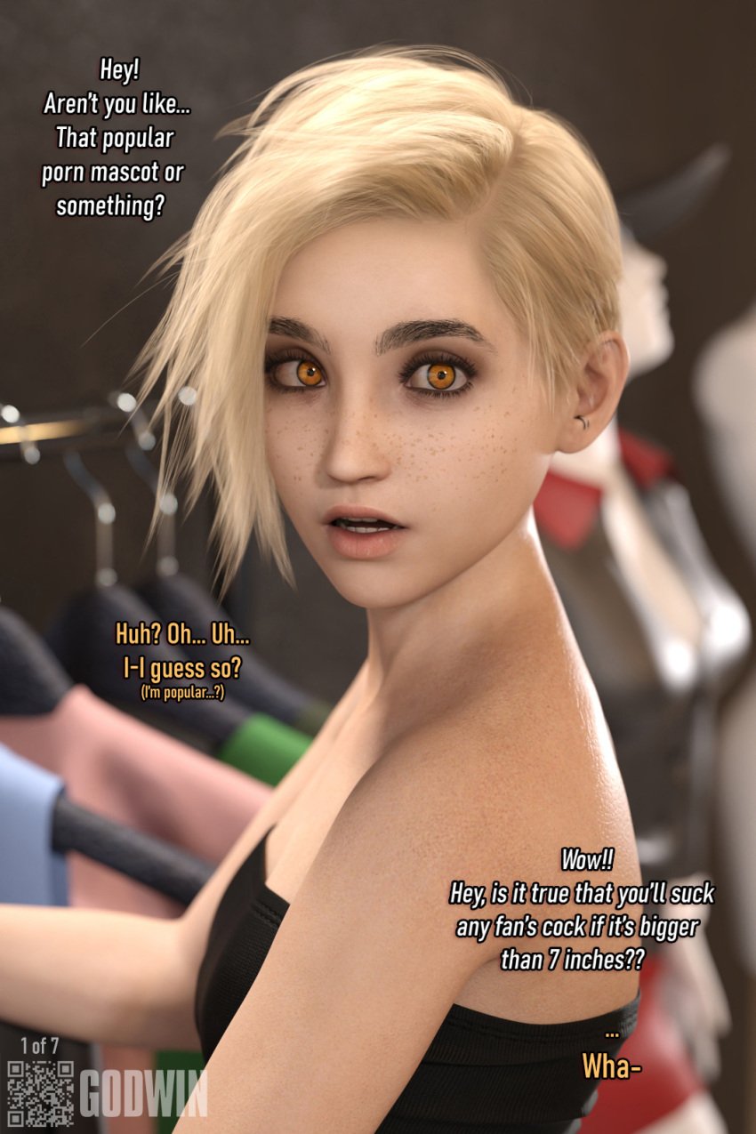 3d blonde_hair caption clothed clothing comic comic_page dialogue dress earrings eyeliner eyeshadow freckles freckles_on_face godwin gold_eyes jewelry looking_at_viewer makeup neroxliv orange_eyes original original_character safe_for_work sfw short_hair shoulders small_breasts tagme talking text tomboy viola_(godwin)