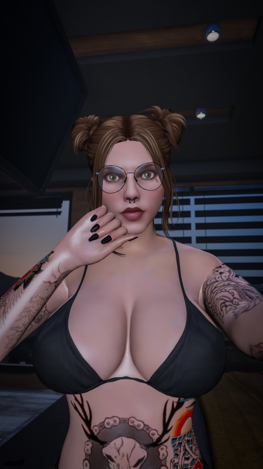 amelia_waters ass ass blue_eyes bra breasts breasts breasts brown_hair cleavage glasses grand_theft_auto grand_theft_auto_online grand_theft_auto_v hair_bun mirror mirror_selfie nopixel nullinvoid red_lipstick selfie standing stockings tattoo tattoo_on_arm tattoo_on_back tattoo_on_belly tattoo_on_legs tattooed_arm tattoos thick_ass thick_thighs thong