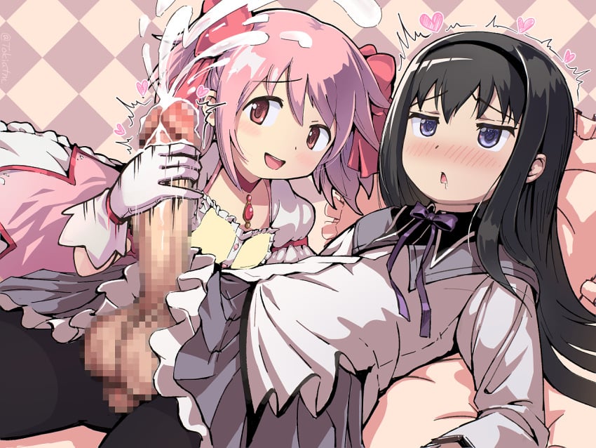 2girls :< ahe_gao akemi_homura anime assertive_female black_hair black_hairband blush bow bow_choker bubble_skirt buttons censor censored censoring censorship center_frills checkered_background chest_jewel choker closed_mouth cum cumdrip cumming dress frilled_dress frilled_skirt frilled_sleeves frills futa_with_female futanari gloved_handjob gloves hair_between_eyes hair_flip hairband hairbow hand_up handjob happy heart jerk jerking jerking_off jerkingoff kaname_madoka light_blush long_hair long_sleeves looking_at_penis magical_girl mahou_shoujo_madoka_magica mahou_shoujo_madoka_magica_(anime) medium_hair miniskirt multiple_girls on_bed pantyhose pink_dress pink_gemstone pink_hair pixel pixelated projectile_cum puffy_short_sleeves puffy_sleeves purple_bow purple_eyes purple_skirt red_bow red_choker red_eyes shirt short_dress short_sleeves short_twintails skirt smile tokiatm trembling twintails white_gloves white_skirt white_sleeves