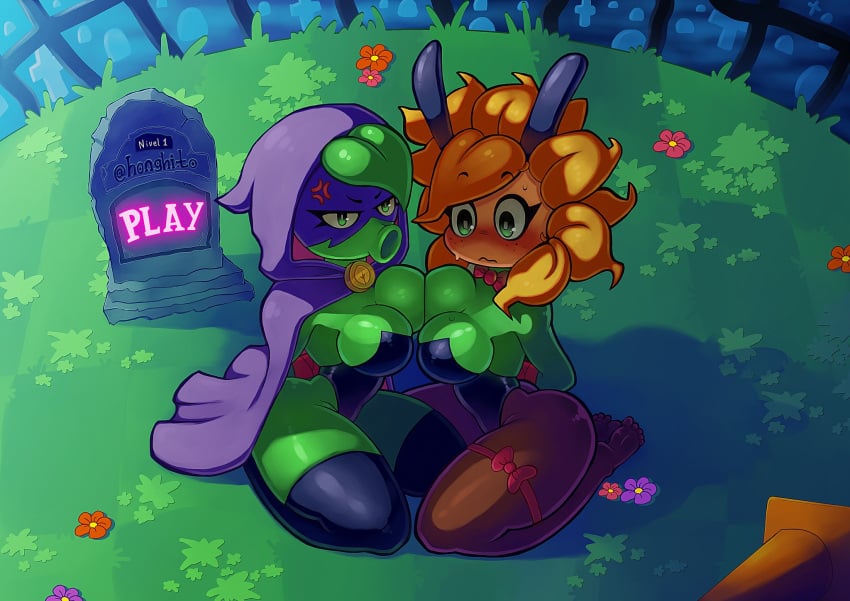 1girls 2girls anger_vein angry anthro anthrofied arms_behind_back arms_tied arms_tied_behind_back ass blush bondage bound bowtie breast_squish breasts breasts_frottage bunny_ears bunnysuit cleavage cloak duo fake_animal_ears fake_rabbit_ears female flora_fauna green_eyes green_shadow_(pvz) honghito hood nervous pantyhose peashooter_(pvz) plant plant_girl plant_humanoid plantie plants_vs._zombies plants_vs_zombies popcap_games pussy solar_flare_(pvz) sunflower_(pvz) sweat sweating thighhighs thighs