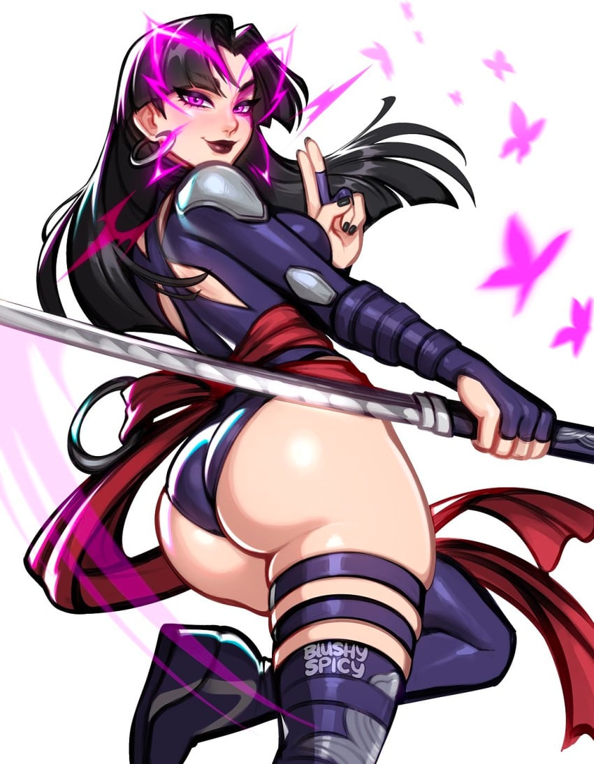 2024 ass black_hair blushypixy blushyspicy butterflies female female_only glowing_eyes long_hair looking_at_viewer looking_back marvel marvel_comics marvel_rivals painted_fingernails painted_nails psylocke psylocke_(marvel_rivals) purple_eyes purple_lips purple_lipstick purple_nails sword thighs weapon white_background x-men