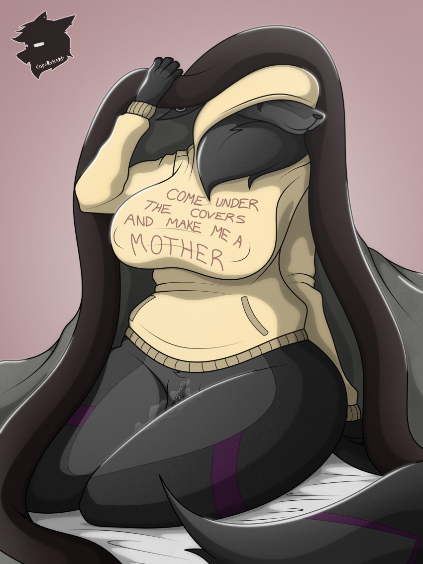 3:4 absurd_res anthro bed bed_covers bedding big_breasts black_body black_fur bodily_fluids bottomless breasts canid canine canis clothed clothing coderenard covered_eyes curvy_figure english_text female fox fur furniture furry furry_only genital_fluids genitals hi_res hidden_eyes hoodie impregnation_request looking_at_viewer mammal multicolored_body multicolored_fur nude partially_clothed piercing pussy reynard_(coderenard) rule_63 sitting smile solo tail text text_on_clothing topwear voluptuous yellow_hoodie