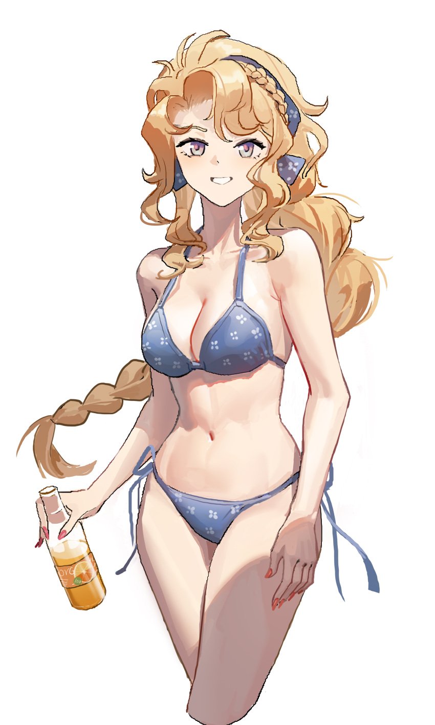 1girls abs absurd_res alternate_costume bare_arms bare_legs bare_midriff bare_shoulders bare_thighs bikini blonde_hair blonney blue_bikini blue_hairband bottle braid braided_hair braided_ponytail breasts cleavage cowboy_shot cropped_legs drink female female_only grin hairband halterneck headband highres holding holding_bottle holding_drink holding_object juice long_braid long_hair looking_at_viewer medium_breasts navel orange_juice orange_nails pale-skinned_female pale_skin purple_eyes qingyi_jiang reverse:1999 side-tie_bikini side-tie_bikini_bottom smile solo solo_female stomach string_bikini teeth thighs very_long_hair white_background