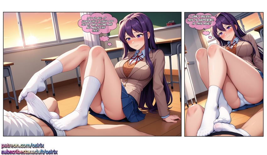 ai_generated comic comic_cover comic_page comic_panel dialogue doki_doki_literature_club feet_on_penis foot_on_penis footjob footjob_with_legwear purple_hair school school_desk school_girl school_uniform schoolgirl schoolgirl_uniform skirt socks taking_off_shoes text white_panties white_socks yuri_(doki_doki_literature_club)