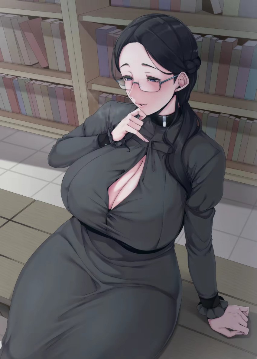 1girls big_ass big_breasts clothed clothing glasses library nakamura_regura sitting solo solo_female viewed_from_above