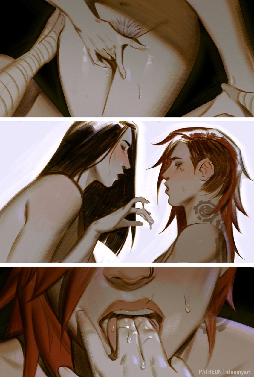 2girls 3koma absurd_res arcane arcane_caitlyn arcane_vi asymmetrical_hair black_hair blush caitlyn_kiramman comic female_pubic_hair finger_in_mouth fingering hi_res league_of_legends open_mouth patreon_username pubic_hair pussy_juice red_hair sidecut steemyart tattoo vi_(league_of_legends) watermark yuri