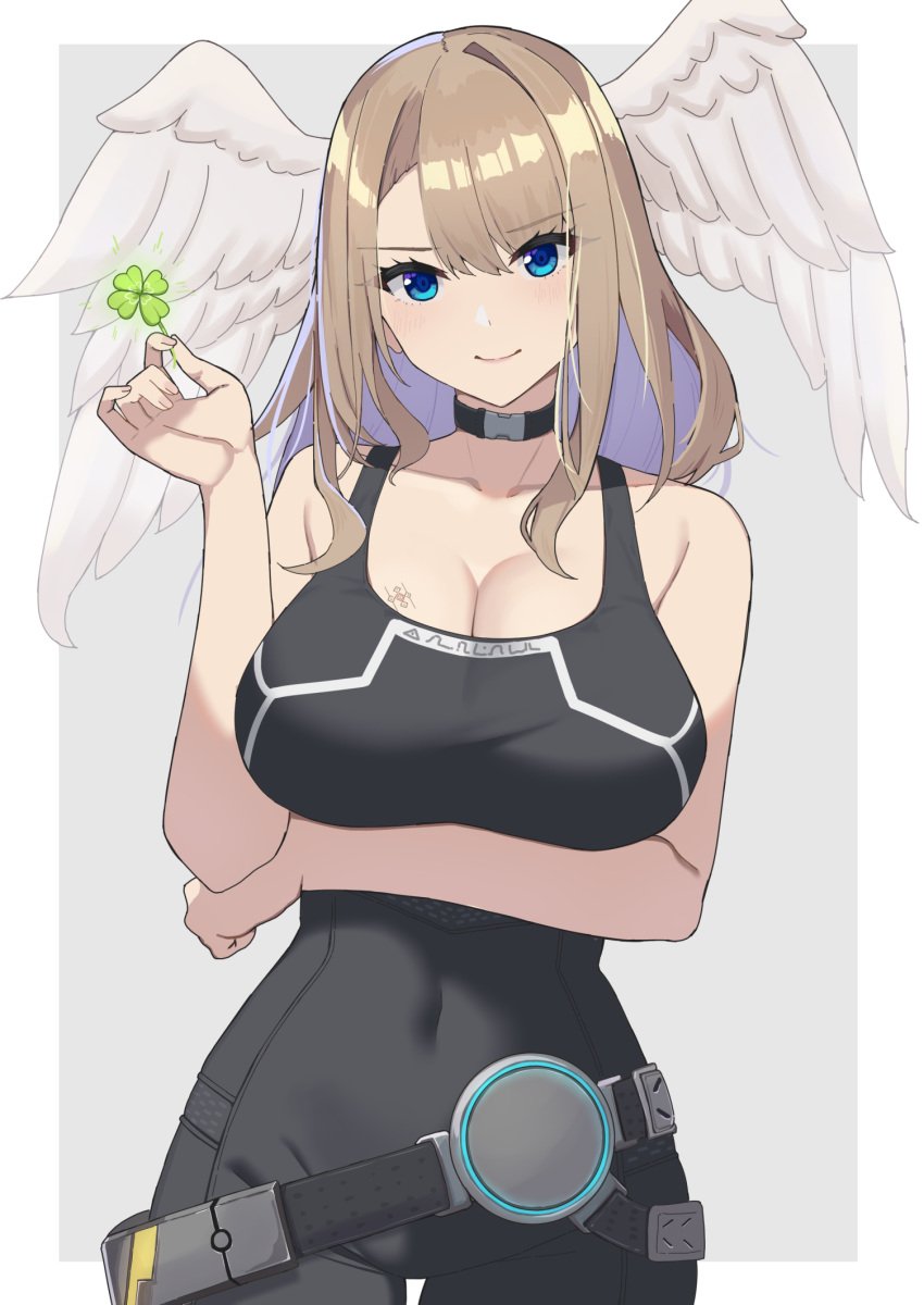 1girls arm_under_breasts bare_shoulders belt big_breasts black_belt black_bodysuit black_choker blue_eyes blue_pupils bodysuit breast_tattoo brown_hair choker cleavage covered_navel eunie_(xenoblade) grey_background head_wings high_res long_hair looking_at_viewer medium_hair simple_background smile tattoo wabimochi white_wings wings xenoblade_(series) xenoblade_chronicles_3