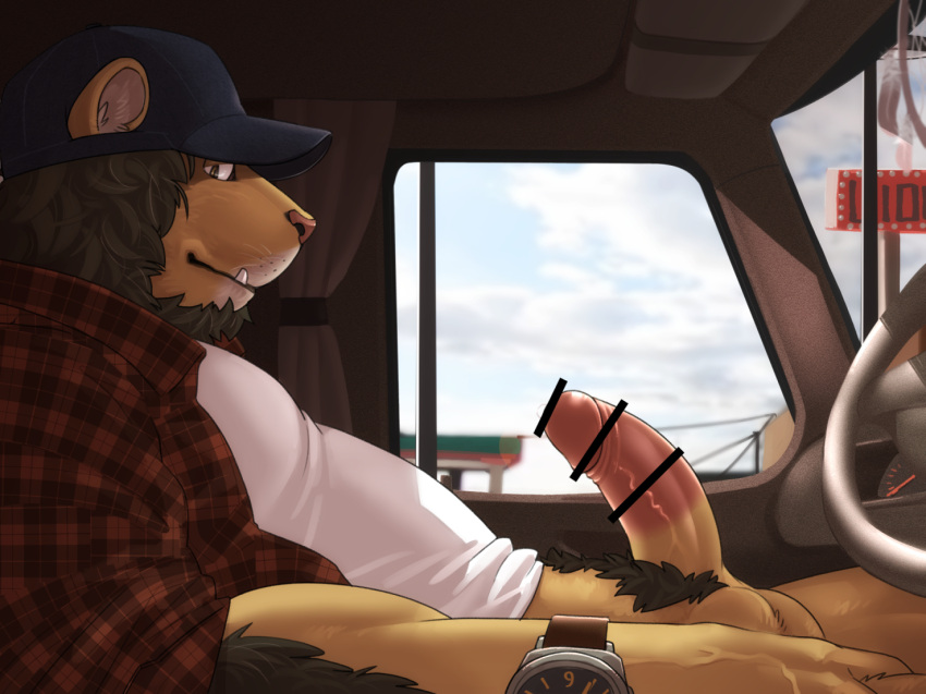 2021 anthro balls car censored clothing cute_fangs detailed_background erection felid genitals hat headgear headwear humanoid_genitalia humanoid_hands humanoid_penis inside inside_car kemono kotori lion male male_only mammal pantherine penis shirt sitting solo topwear uncensored_version_at_source vehicle