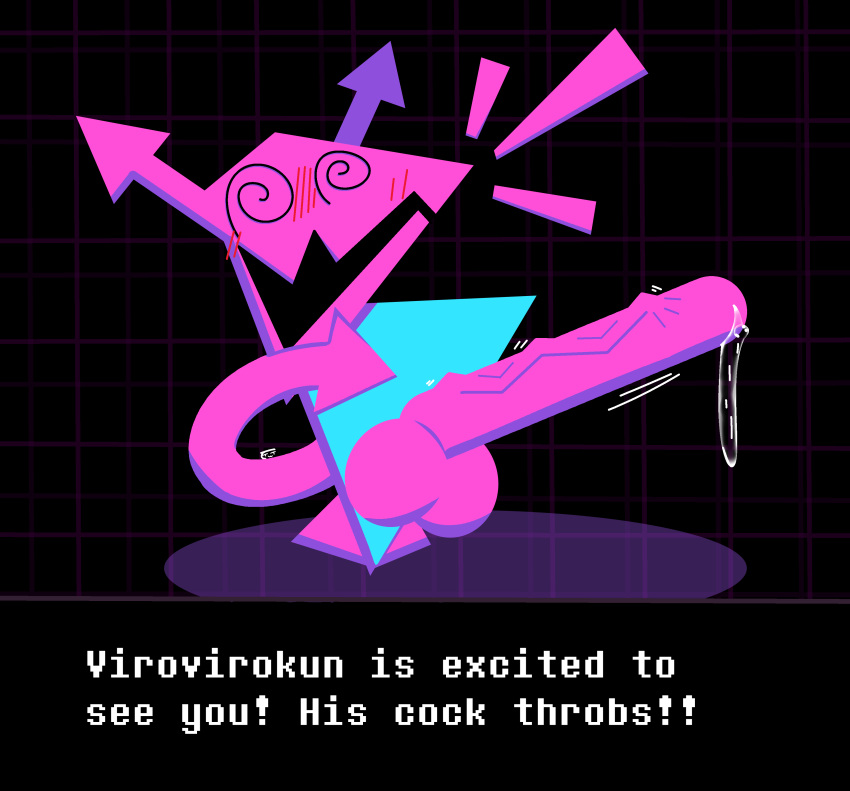 absurd_res arrow arrow_pointing_to_crotch balls big_penis blue_body blush blush_lines bodily_fluids deltarune dialogue dialogue_box directional_arrow dizzy_eyes dripping eftiinsfw english_text genital_fluids genitals hi_res huge_cock hyper hyper_genitalia hyper_penis male multicolored_body open_mouth penis pink_body precum precum_drip shadow smile solo text throbbing throbbing_penis undertale_(series) unusual_anatomy vein veiny_penis video_games virovirokun