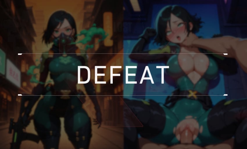 1_boy 1_girl ahe_gao ai_generated big_ass big_breasts bodysuit choking defeat defeated fat_ass lingerie missionary_position short_hair stable_diffusion valorant viper_(valorant) wide_hips