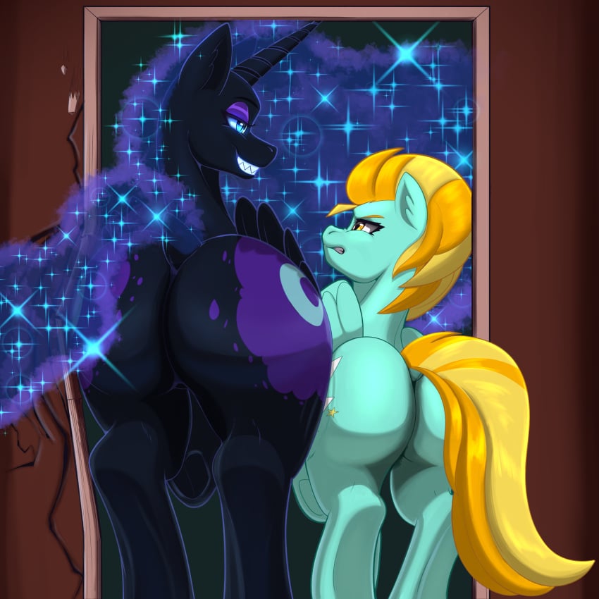 absurd_res aeroartz alicorn ass big_butt black_body black_fur blonde_hair duo equid equine female female/female feral friendship_is_magic fur grin hair hasbro hi_res hip_to_hip hooves horn horse huge_butt lightning_dust_(mlp) mammal my_little_pony mythological_creature mythological_equine mythology nightmare_moon_(mlp) pony rear_view smile sparkles sparkling_hair stuck stuck_in_door thick_thighs unicorn wings